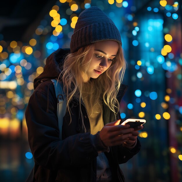 Foto foto hiperrealista de una niña en la ciudad mirando un teléfono celular con neón amarillo y azul