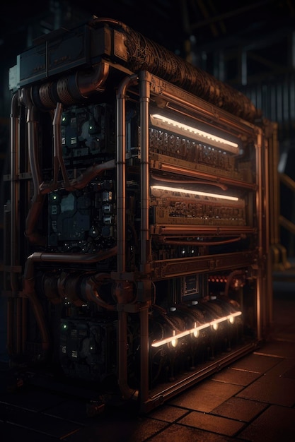 Foto hiperrealista del servidor de criptominería steampunk ultra detalles iluminación dramática octanaje render ultra calidad 16k generat ai