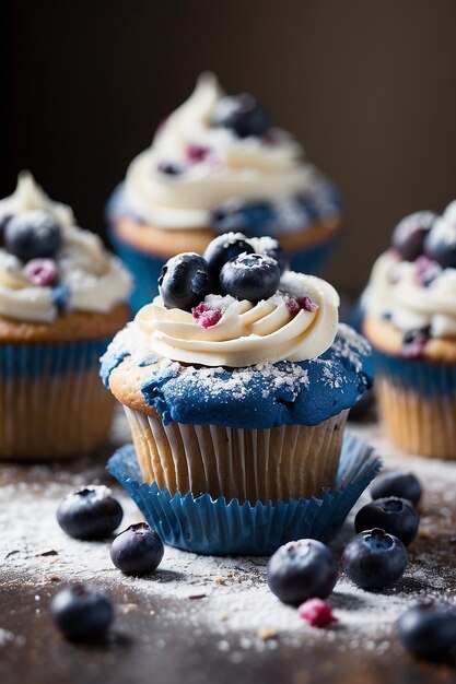 Foto hoch ansehen leckeres Cupcake mit Waldfrucht und Sahne