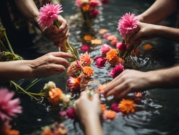 Foto Hochwinkelansicht von Menschen, die mit Blumen in das Wasser gehen, Palmsunday-Ritual