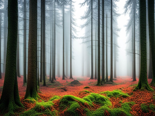 Foto hohe Bäume im Wald in den Bergen, bedeckt mit Nebel