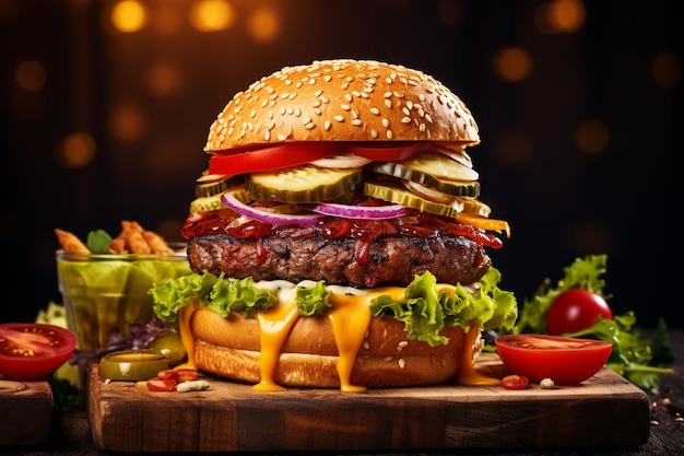 Foto hoher Winkel köstlicher Burger auf Holzbrett