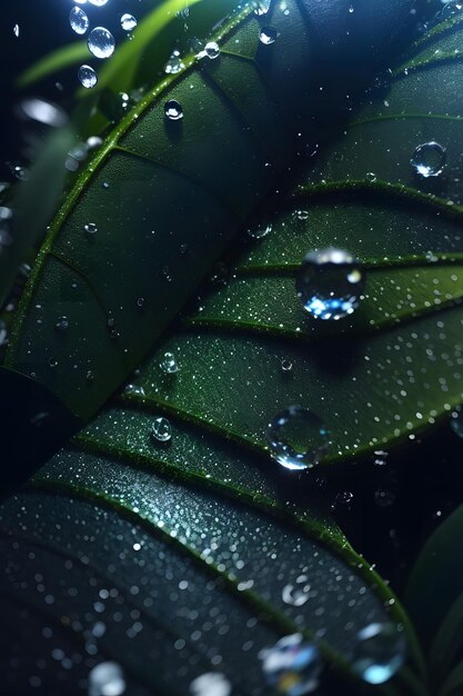 Foto de una hoja con gotas de agua adheridas