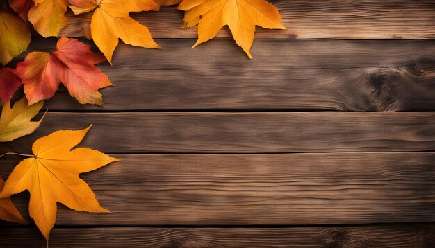 una foto de hojas de otoño en un fondo de madera