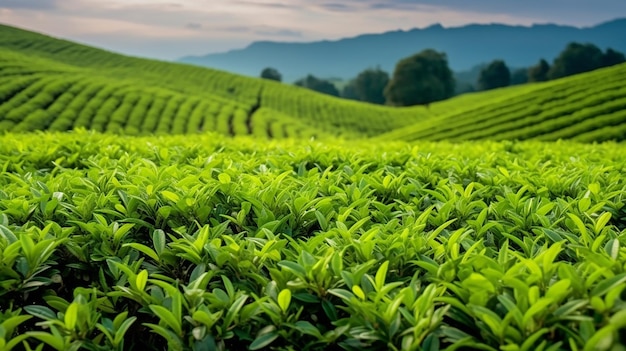 Foto hojas de té verde brotes de té plantaciones de té verde en la naturaleza de la mañana con sol