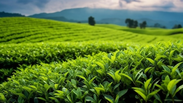 Foto hojas de té verde brotes de té plantaciones de té verde en la naturaleza de la mañana con sol