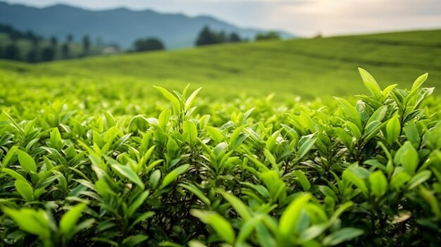 Foto hojas de té verde brotes de té plantaciones de té verde en la naturaleza de la mañana con sol