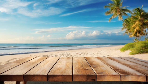 Foto Holzbrett leerer Tisch vor blauem Meer und Himmelshintergrund, generiert von KI