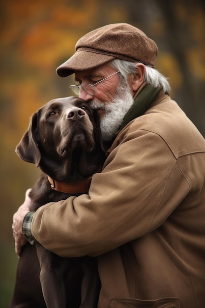 Foto foto de un hombre abrazando a su perro