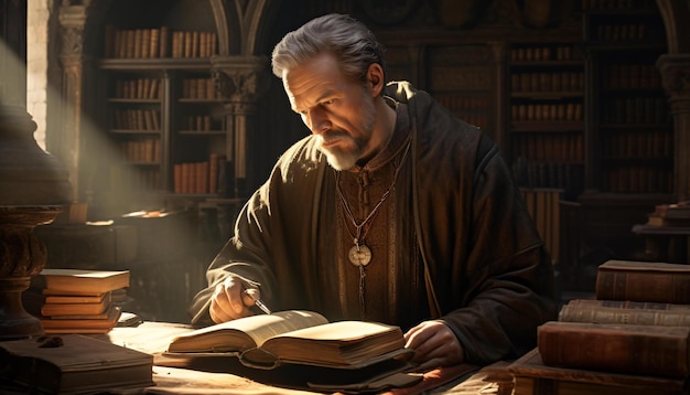 Foto de un hombre absorto en la lectura de un libro en una mesa