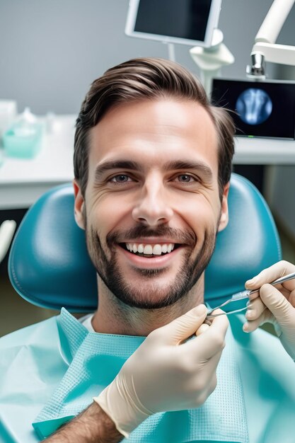 una foto de un hombre adulto guapo paciente cliente en una clínica dental limpieza y reparación de dientes en un médico dentista acostado en la silla dental ortodóncica