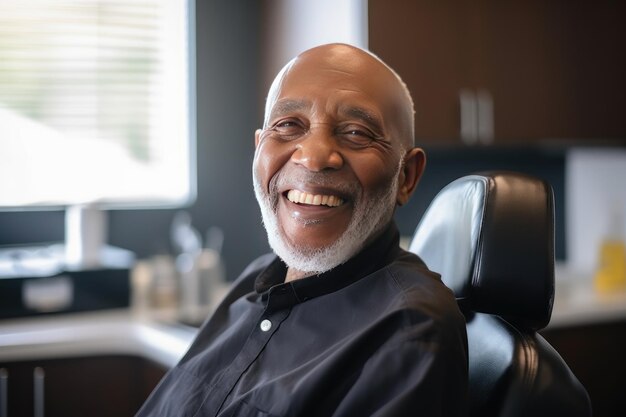 Foto de un hombre afroamericano maduro sonriente sentado en una silla en un consultorio dental Él está esperando al dentista para un procedimiento oral concepto de blanqueo de dientes