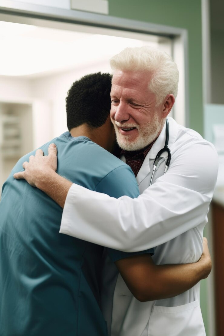 Foto de un hombre agradeciendo al médico tras escuchar buenas noticias sobre su esposa en el hospital.