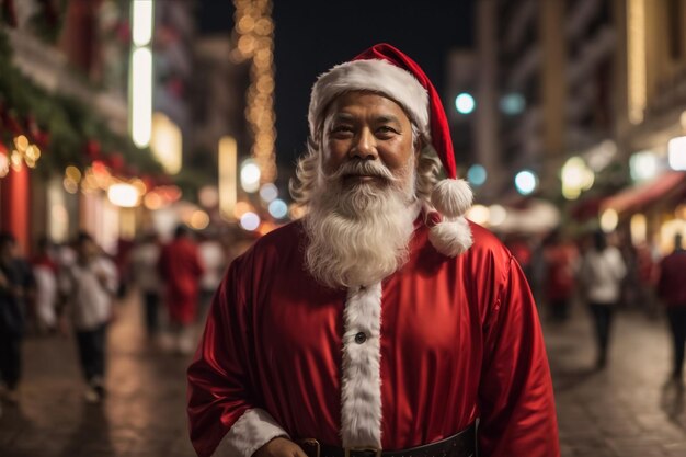 Foto de un hombre alegre y funky que usa un disfraz de Papá Noel para demostrar su viaje a la ciudad iluminada.