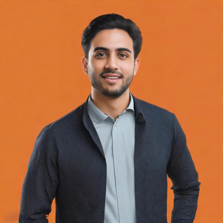 foto de hombre árabe feliz retrato de un hombre sonriente posando en un fondo de estudio naranja