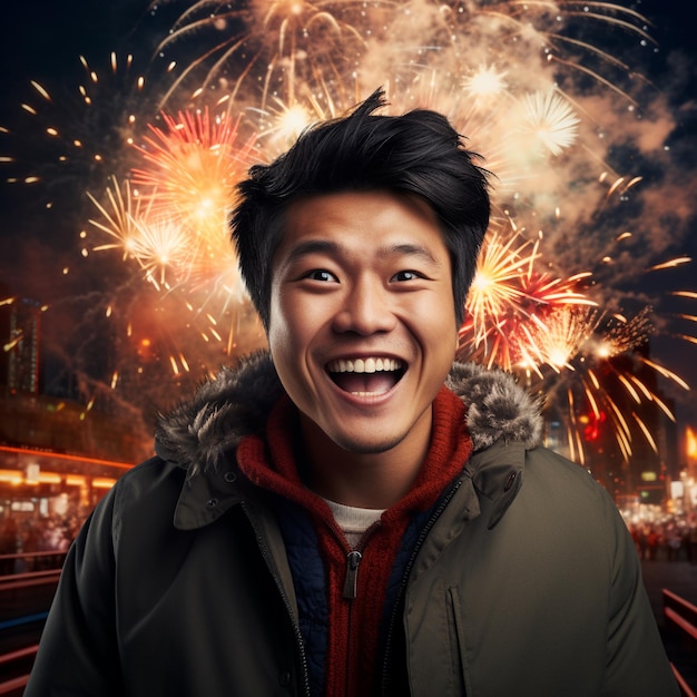 foto de un hombre asiático sonriendo frente a los fuegos artificiales