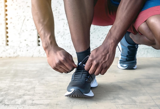 foto de un hombre atando sus zapatos deportivos sobre un fondo de hormigón