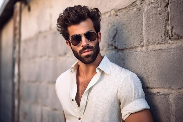 Foto de un hombre atractivo con gafas de sol retro parado al aire libre contra una pared