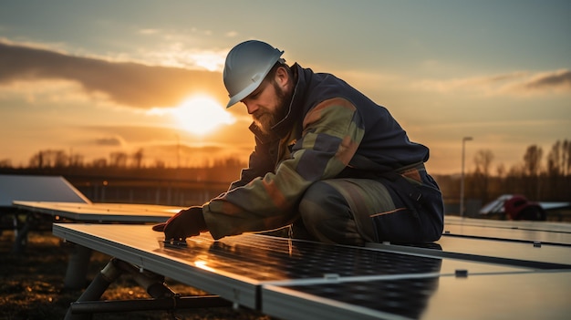 Foto Hombre con casco cerca de un panel solar generada por IA