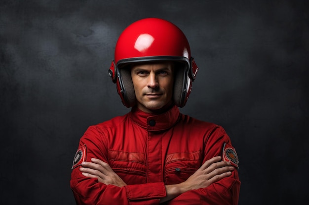 foto hombre con casco rojo con los brazos cruzados