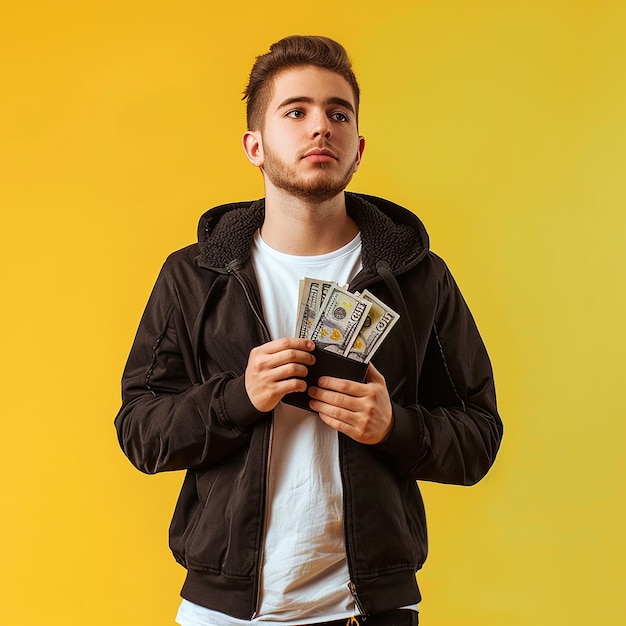 Foto de un hombre caucásico con billetes y billetera