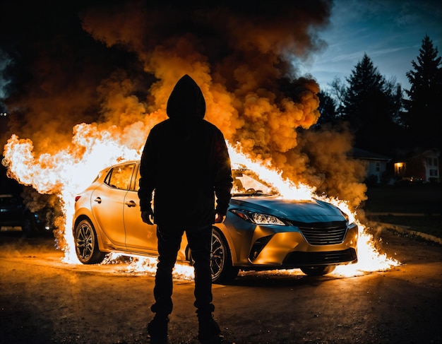 Foto foto de un hombre con una chaqueta con capucha frente a la cubierta de un coche en llamas con ia generadora de fuego