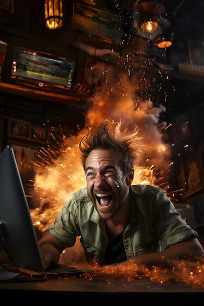 foto de un hombre en la computadora ocupado borracho sonriendo loco fondo negro