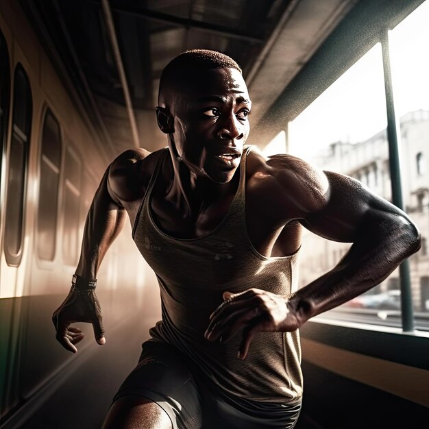 Foto foto de un hombre corriendo en una concurrida estación de tren.