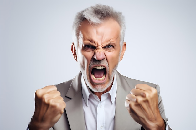 Foto de un hombre enojado con fondo blanco de estudio