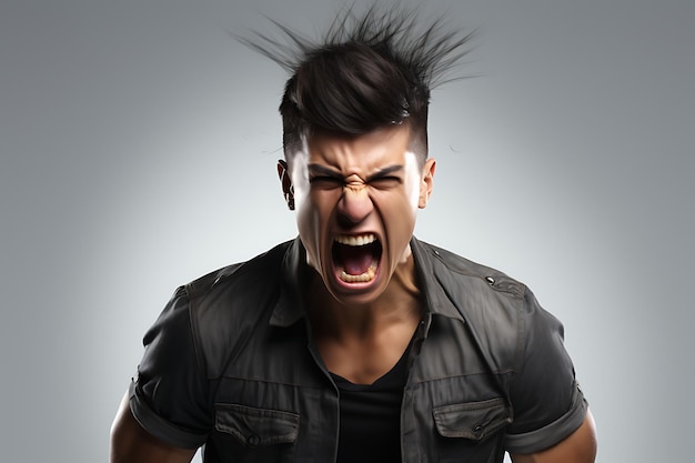 Foto de un hombre enojado con fondo blanco de estudio