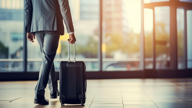 Foto foto de hombre con equipaje de viaje en la terminal del aeropuerto.