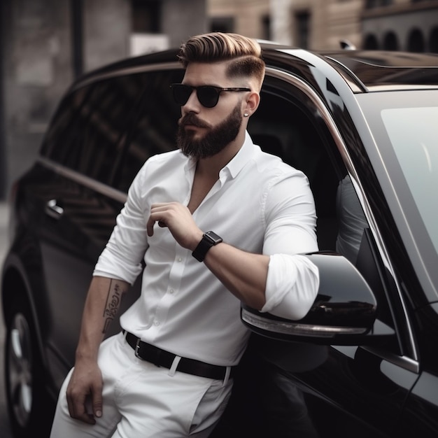 Foto de un hombre con estilo feliz cerca del coche