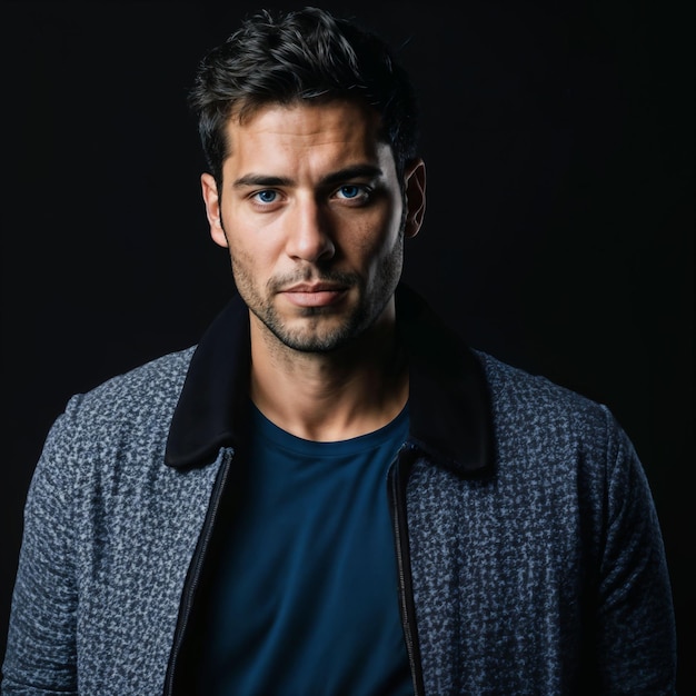 foto de un hombre guapo con luz azul sobre fondo negro IA generativa