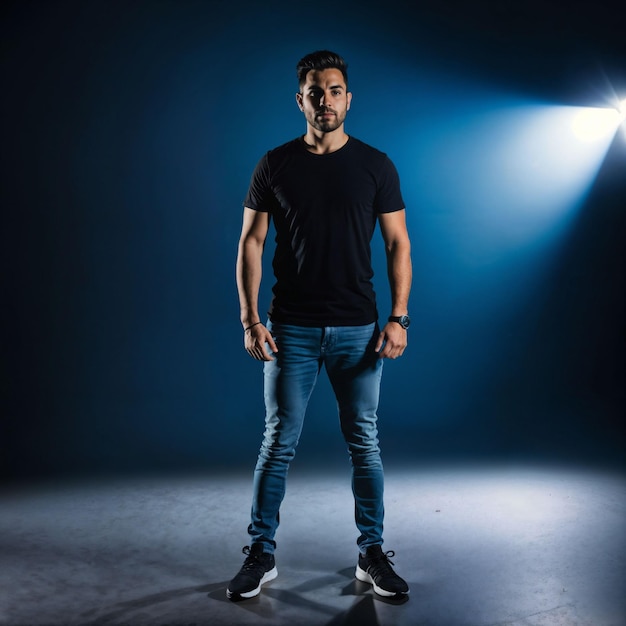 foto de un hombre guapo con luz azul sobre fondo negro IA generativa