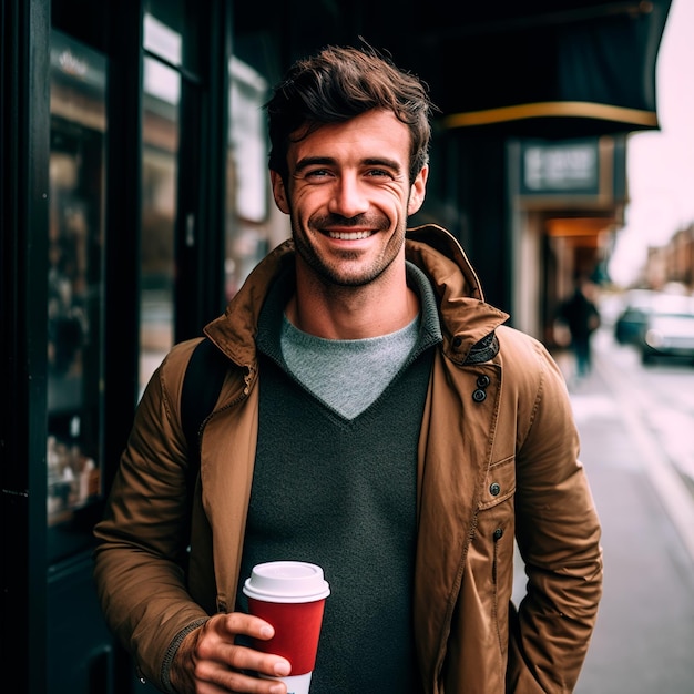 Foto de un hombre guapo sosteniendo una taza de café para llevar