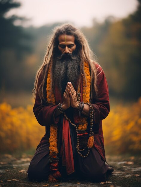 Foto de un hombre indio con pose dinámica emocional sobre fondo de otoño