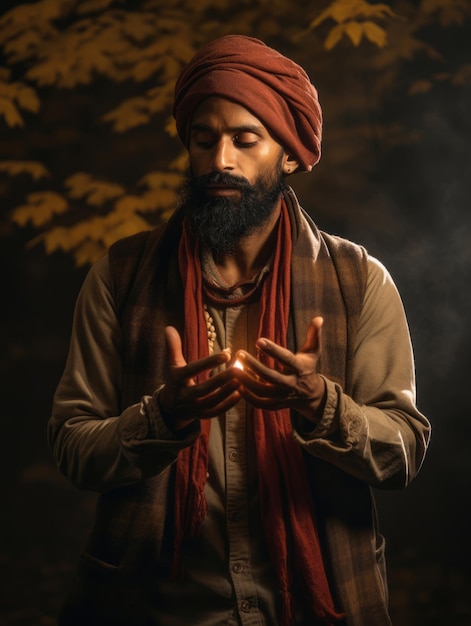 Foto de un hombre indio con pose dinámica emocional sobre fondo de otoño