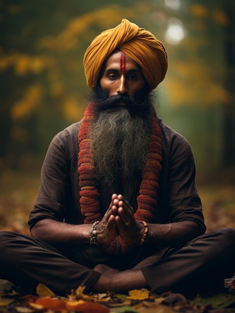 Foto de un hombre indio con pose dinámica emocional sobre fondo de otoño