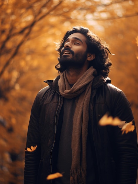 Foto de un hombre indio con pose dinámica emocional sobre fondo de otoño