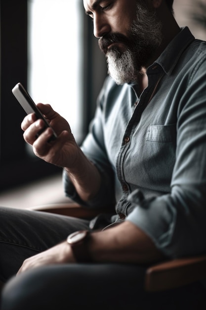 Foto de un hombre irreconocible usando su teléfono celular en casa