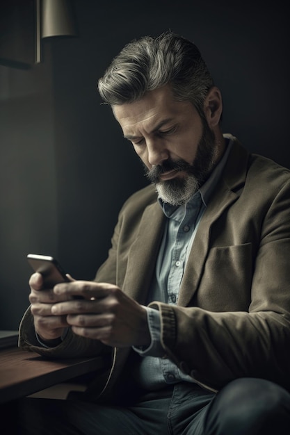 foto de un hombre leyendo su móvil mientras está sentado en su computadora creada con IA generativa