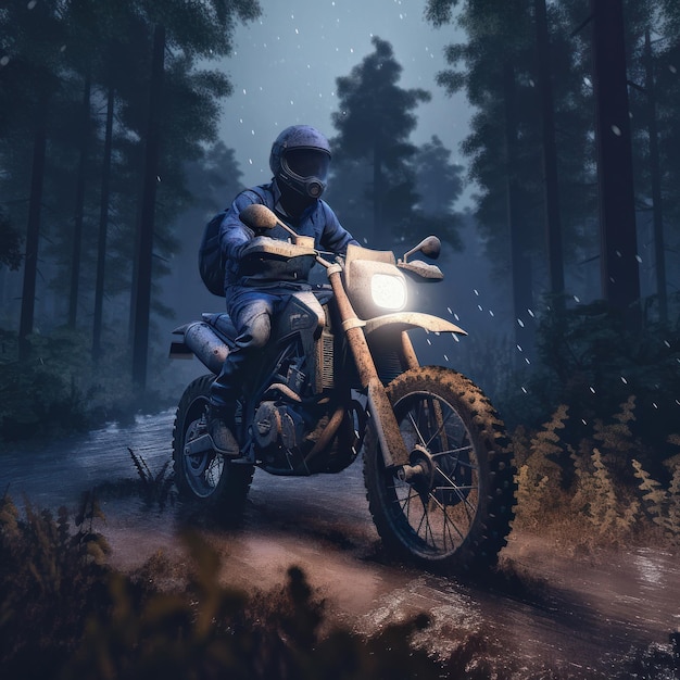 Una foto de un hombre montando una moto todoterreno en el bosque al amanecer