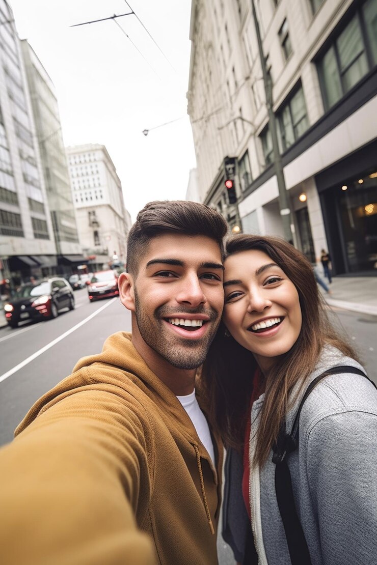 Foto de un hombre y una mujer jóvenes tomándose una selfie en las calles de san francisco
