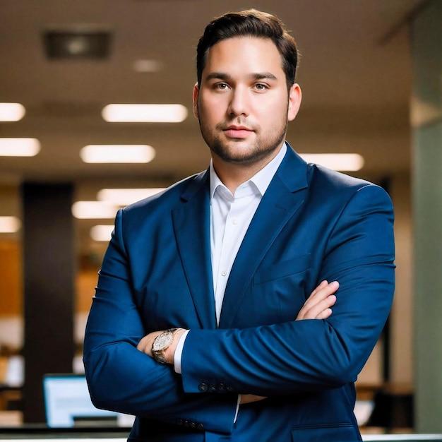 Foto de un hombre de negocios de 35 años, modelo plussize, CEO, vistiendo negocios en el fondo de la oficina