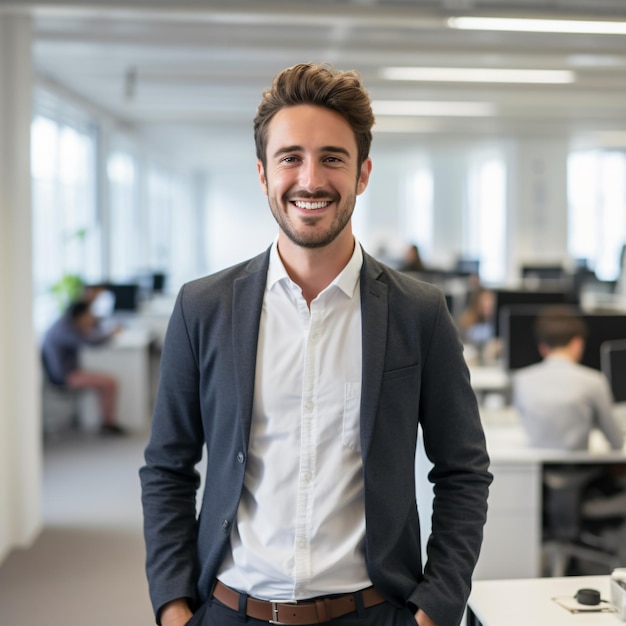 foto de un hombre de negocios alemán de 25 años sonriendo cabello castaño de cuerpo completo parado en la oficina