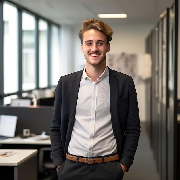 Foto de un hombre de negocios alemán de 25 años, sonriendo, con cabello castaño, todo el cuerpo, de pie en la oficina