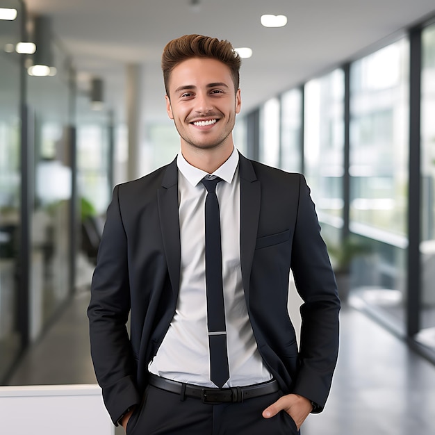 Foto de un hombre de negocios alemán de 25 años, sonriendo, con cabello castaño, todo el cuerpo, de pie en la oficina