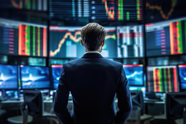 Foto de un hombre de negocios analizando un gráfico del mercado de valores con la ayuda de la tecnología de IA