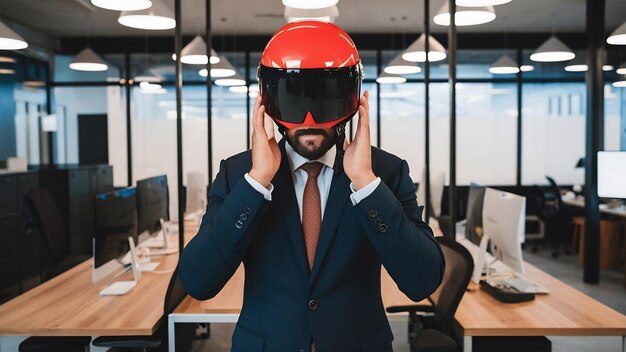 Foto foto de un hombre de negocios avergonzado posando en un traje elegante y un casco rojo en la oficina