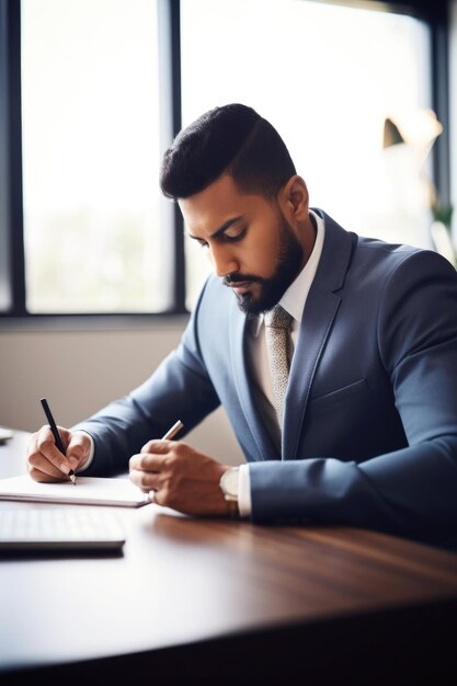 Foto de un hombre de negocios escribiendo en un cuaderno en su escritorio creado con ai generativo